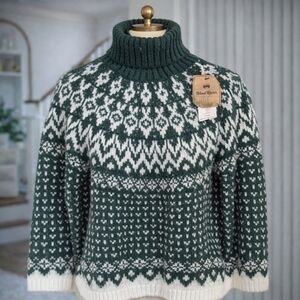 Wind River Heritage Fair Isle Turtleneck Sweater orest Green & White BNWT